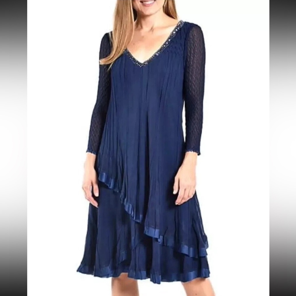 KOMAROV Beaded Chiffon Charmeuse Trim Dress in Midnight Navy